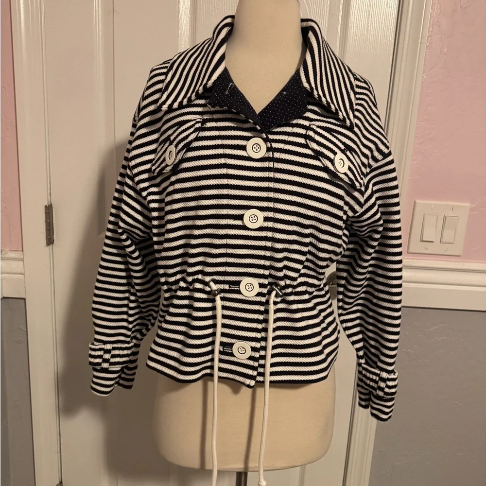 Cabi Womens Harbor Nautical Jacket Size XS Stripe Knit Cinch Waist Preppy Blue - Picture 4 of 12